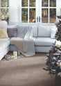 Eco Friendly Rug placed in a cozy living room with a light grey sofa and decorative blanket