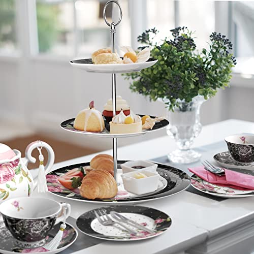 Elegant three-tier cake stand with floral design, perfect for serving afternoon tea treats