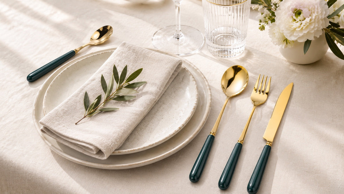 KitchBoom Cutlery Set with Gold Finish and Green Handles on a Stylish Table Setting