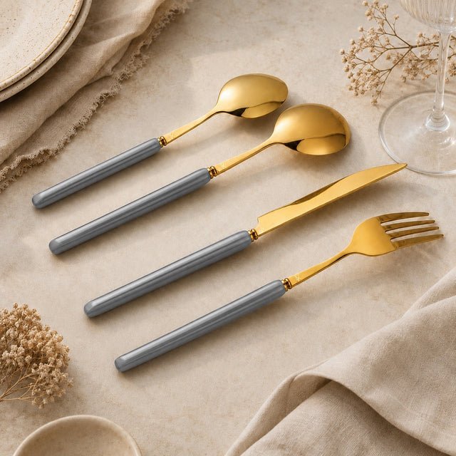 KitchBoom Cutlery Set featuring gold utensils with grey handles for elegant dining experiences