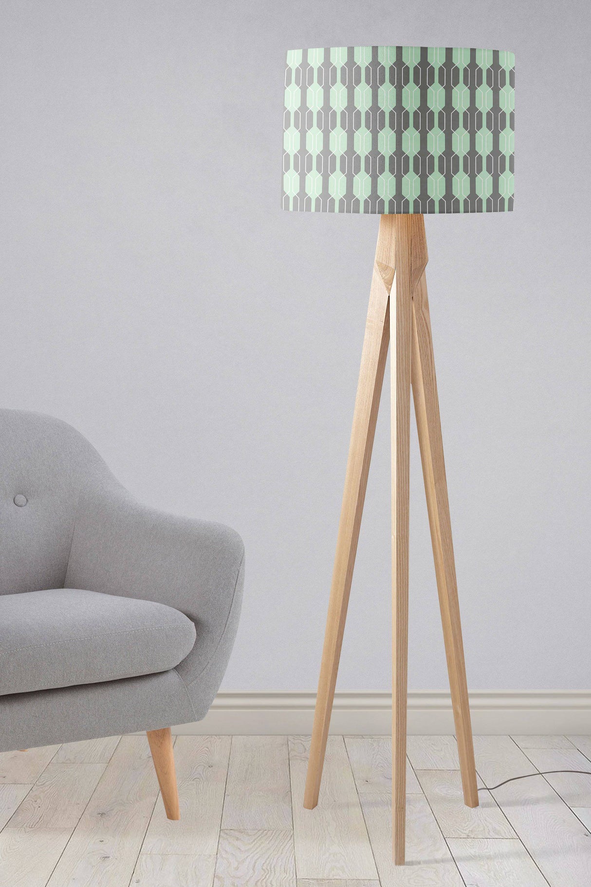 Shadow Bright contemporary lampshade in mint green and grey on a stylish tripod floor lamp
