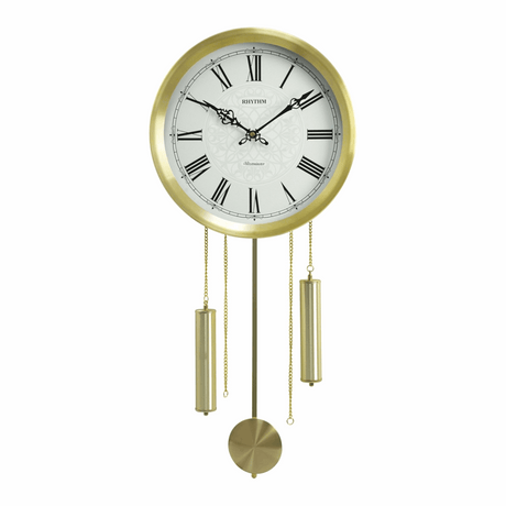 Elegant Widdop Wall Clock with Roman Numerals and Pendulum in Gold Finish