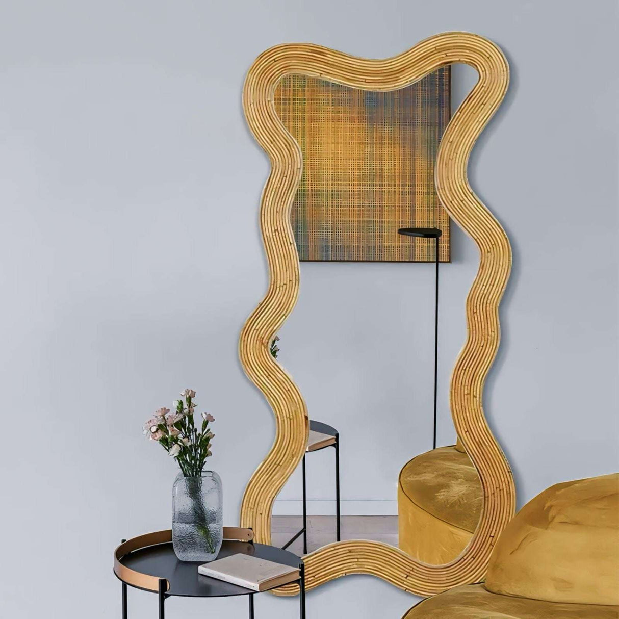 Nisu Home Wall Mirror with a Unique Organic Shape and Natural Wood Finish in a Modern Living Room