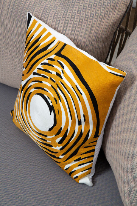 Orsina Embroidered Cushion with Bold Yellow and Black Abstract Design