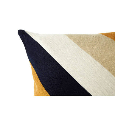 Orsina Embroidered Cushion with geometric design in mustard, navy, and cream colours
