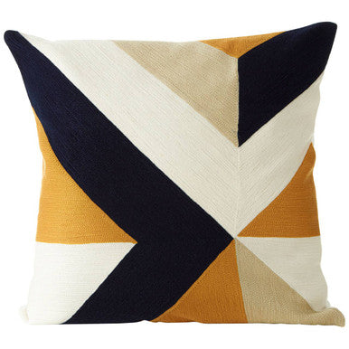 Orsina Embroidered Cushion with geometric patterns in navy, mustard, and cream colours