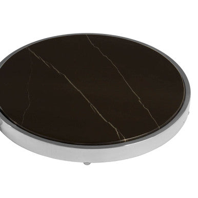 Orsina End Table with a sleek round black marble top and polished silver base