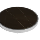 Orsina End Table with a sleek round black marble top and polished silver base