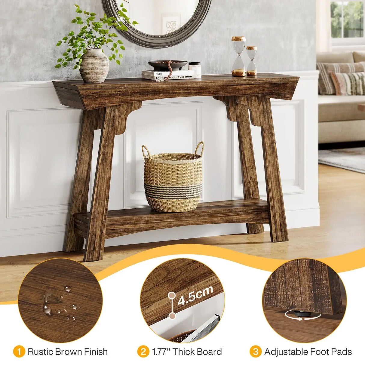 Klassyx Entryway Table in Rustic Brown Finish with Adjustable Foot Pads and Thick Board Design