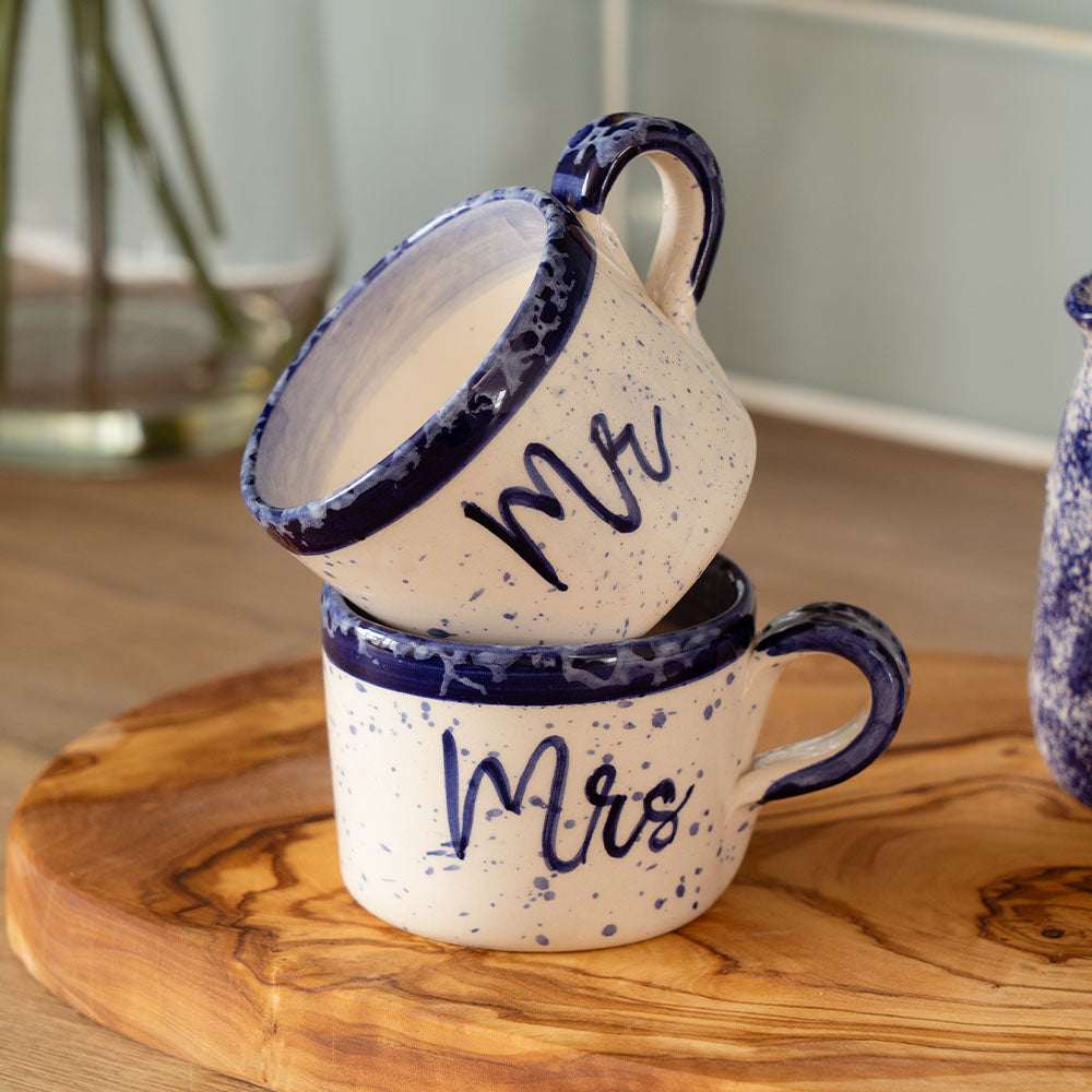 Set of Selbrae House Espresso Cups with Mr and Mrs designs in navy speckled ceramic