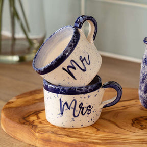 Set of Selbrae House Espresso Cups with Mr and Mrs designs in navy speckled ceramic