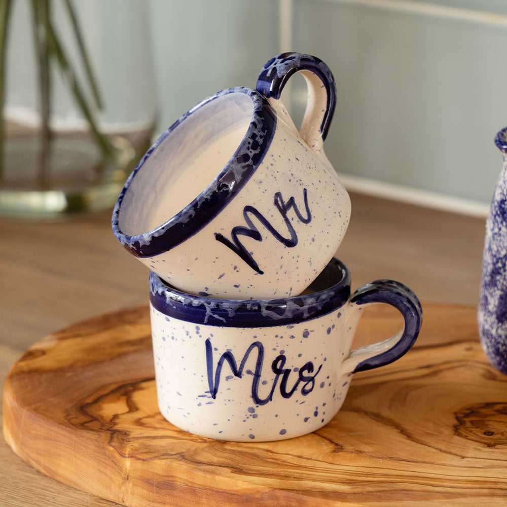 Set of Selbrae House Espresso Cups with Mr and Mrs designs in navy speckled ceramic