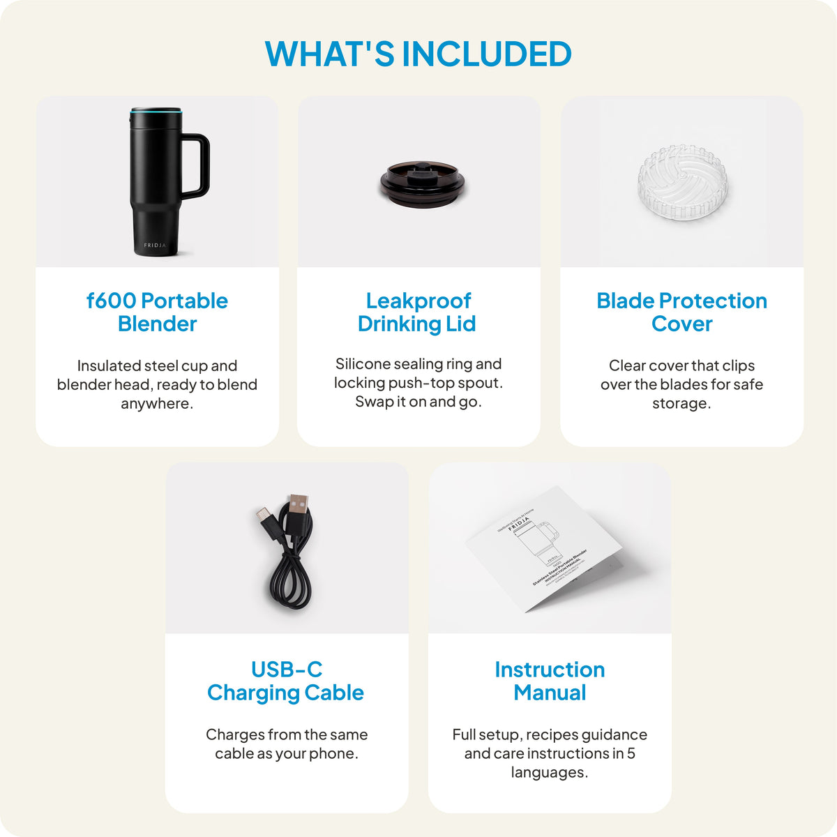 Fridja f600 Portable Blender with a drinking lid and USB-C charging cable for easy blending on the go