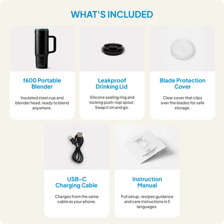 Fridja f600 Portable Blender with a drinking lid and USB-C charging cable for easy blending on the go