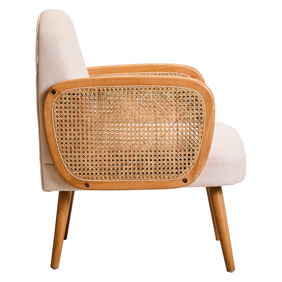 Orsina Fabric and Cane Chair with Wooden Legs and Stylish Rattan Backrest for Modern Living Spaces