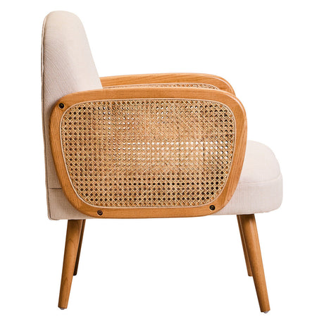 Orsina Fabric and Cane Chair with Wooden Legs and Stylish Rattan Backrest for Modern Living Spaces
