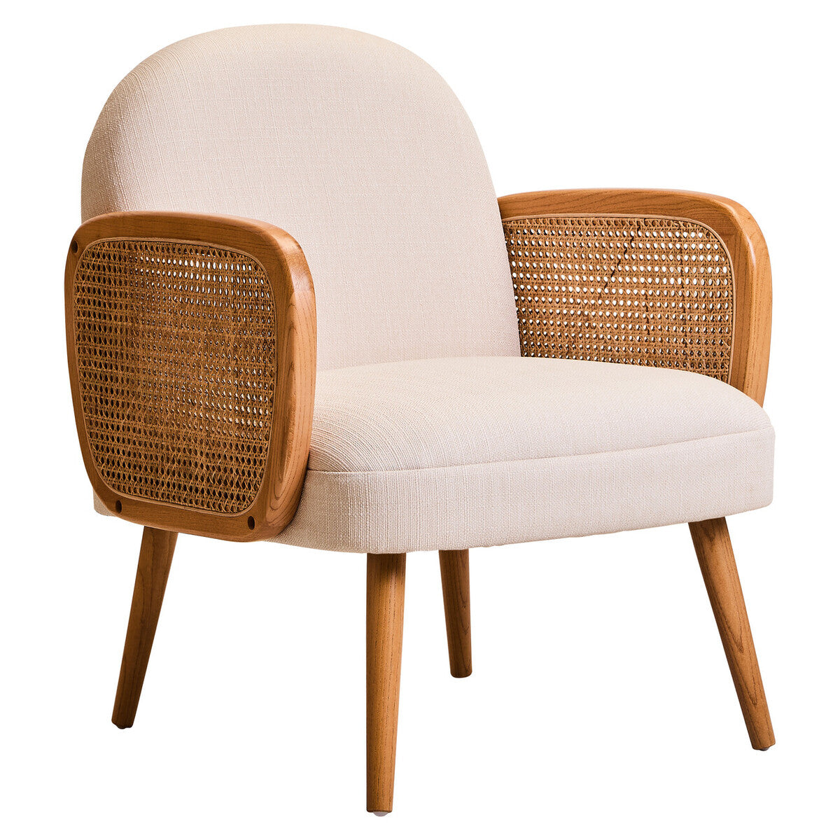 Orsina Fabric and Cane Chair with a modern design featuring wooden arms and a comfortable seat