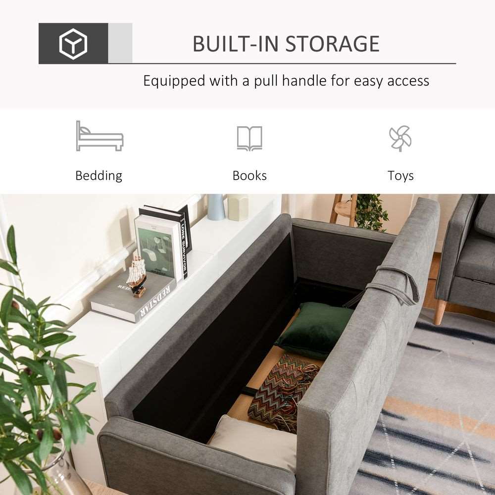 3-Seater Sofa Button-Tufted Fabric Couch with Hidden Storage, Rubberwood Legs HOMCOM
