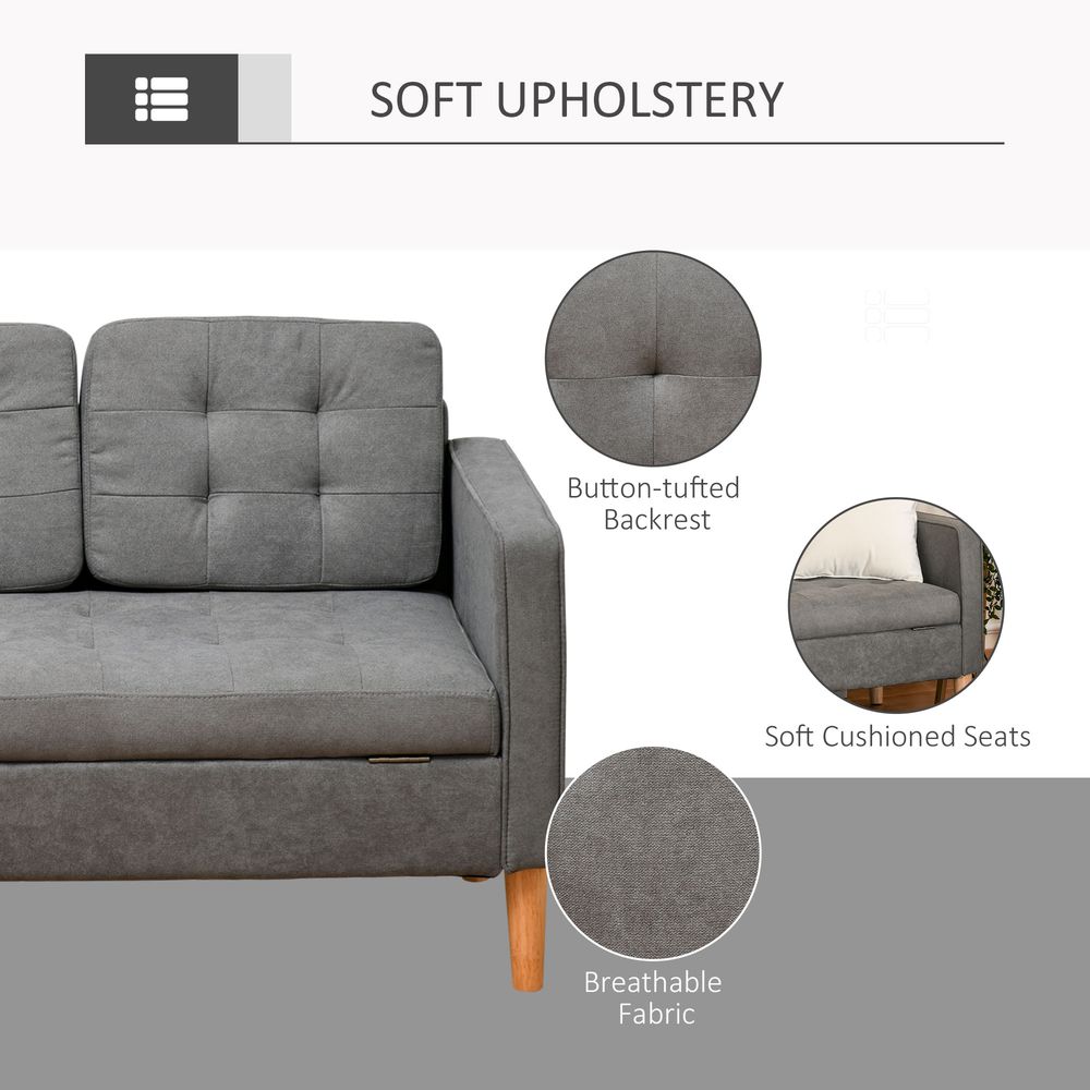 3-Seater Sofa Button-Tufted Fabric Couch with Hidden Storage, Rubberwood Legs HOMCOM