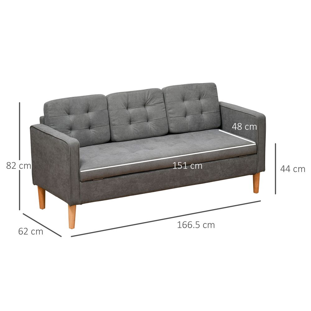 3-Seater Sofa Button-Tufted Fabric Couch with Hidden Storage, Rubberwood Legs HOMCOM