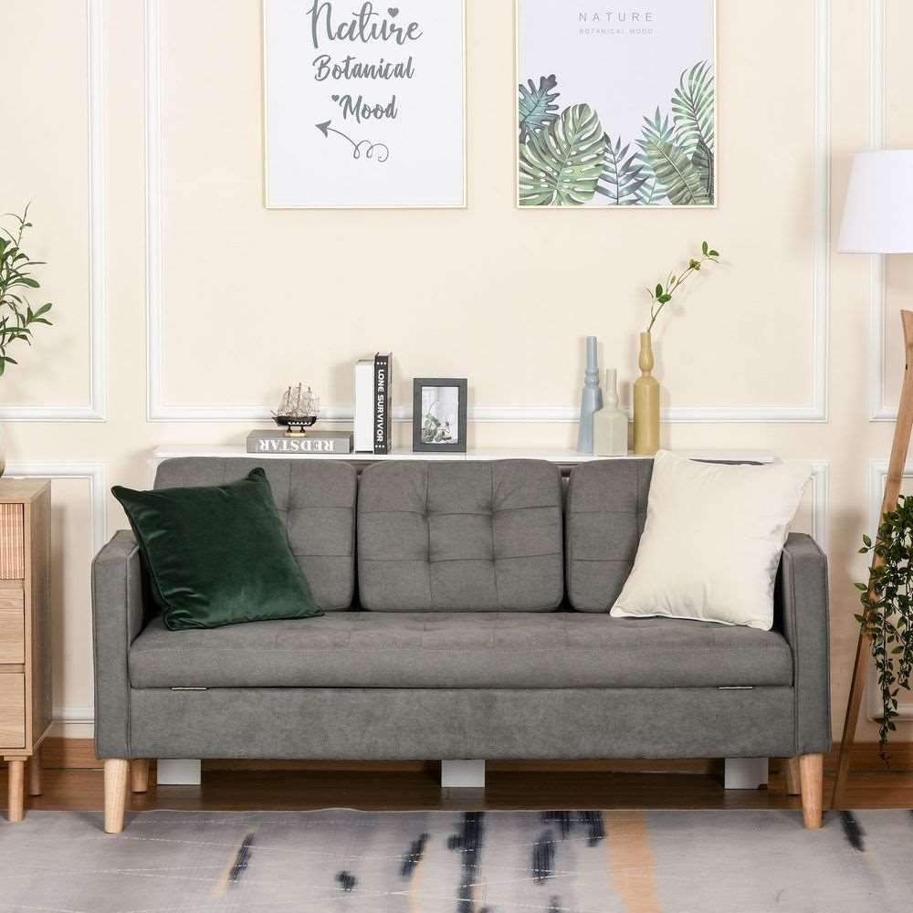 3-Seater Sofa Button-Tufted Fabric Couch with Hidden Storage, Rubberwood Legs HOMCOM