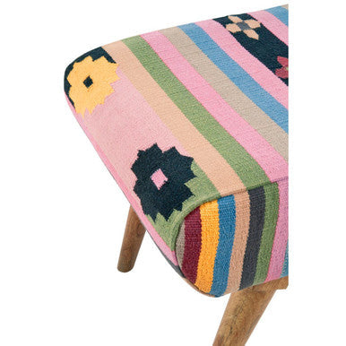 Colourful Fabric Footstool with Geometric Patterns and Wooden Legs, Ideal for Home Decor