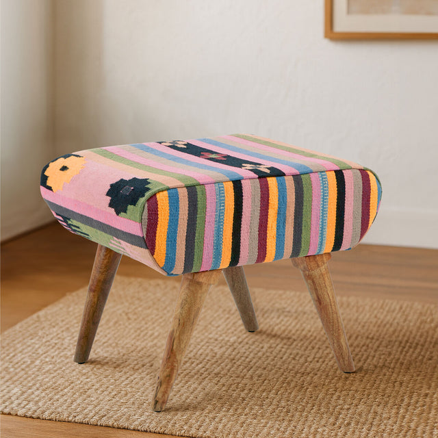 Orsina Fabric Footstool with Colourful Striped Design and Wooden Legs for Stylish Home Decor