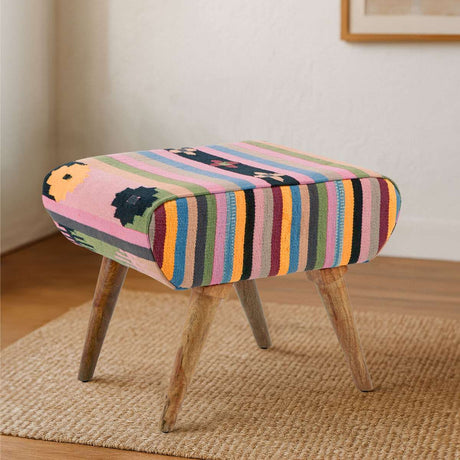 Orsina Fabric Footstool with Colourful Striped Design and Wooden Legs for Stylish Home Decor