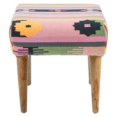 Orsina Colourful Fabric Footstool with Stylish Pattern and Wooden Legs for Home Decoration