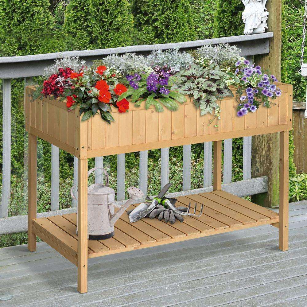 Fir Wood Raised Rectangular 8 Compartment Plant Stand Oak Tone Outsunny