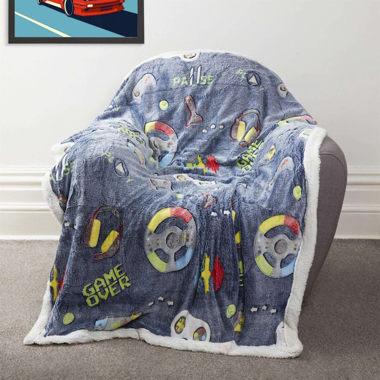 Olivia Rocco Fleece Duvet Set in a vibrant design with gaming motifs for a fun bedroom decor