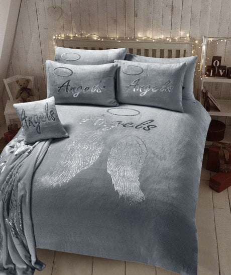 OLIVIA ROCCO Fleece Duvet Set with Angel Wings Design in Grey for a Stylish Bedroom Look