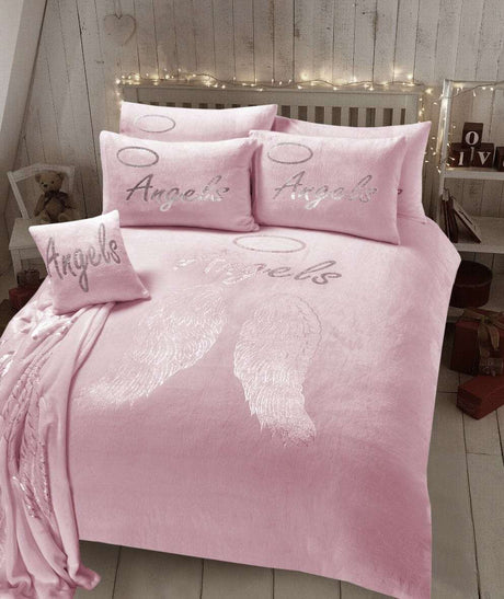 Pink Fleece Duvet Set by OLIVIA ROCCO with angel wing design and decorative cushions