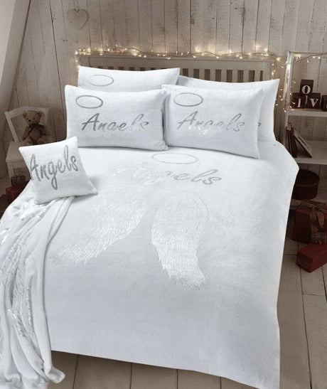 OLIVIA ROCCO Fleece Duvet Set in white with angel print and matching cushions for cosy bedrooms