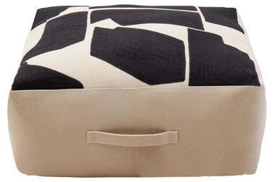 Orsina Floor Cushion in Black and Beige with Geometric Pattern and Convenient Handle