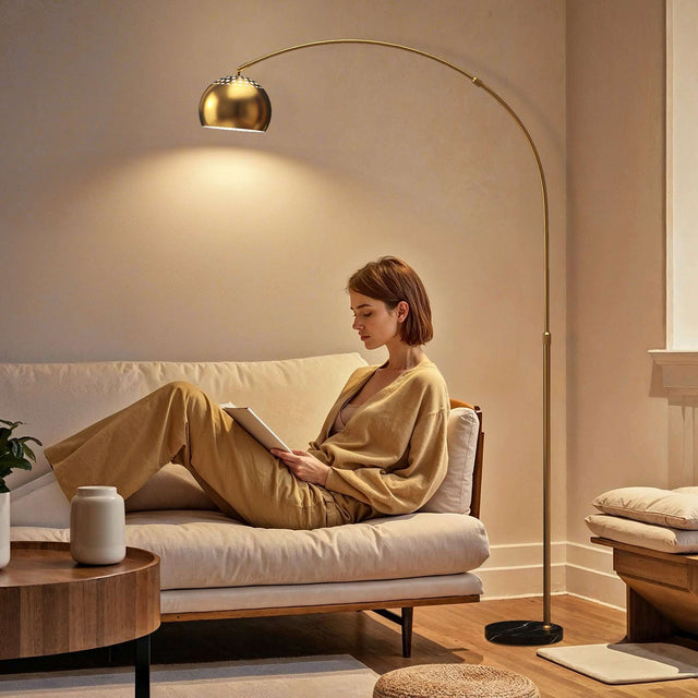 Stylish Wise Galleria Floor Lamp in a living room, providing warm light for reading on a sofa