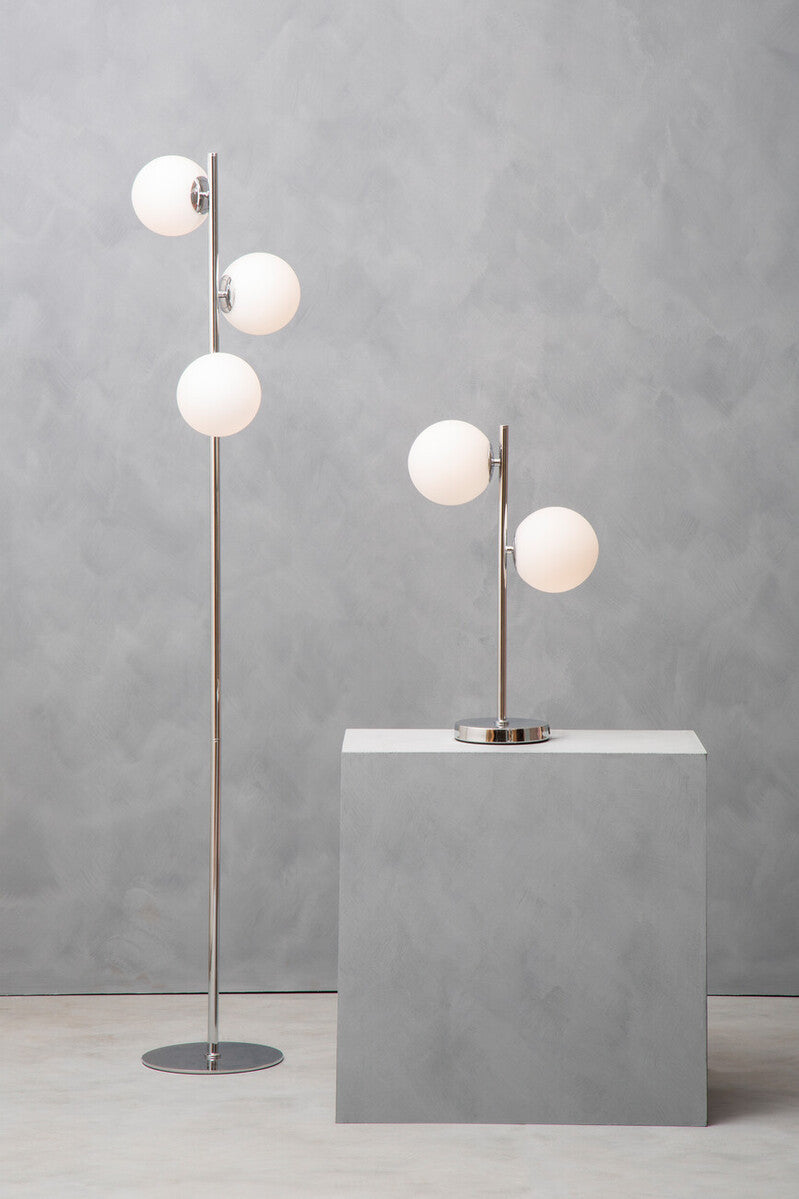 Orsina modern Floor Lamp with three spherical shades and sleek chrome base for contemporary decor