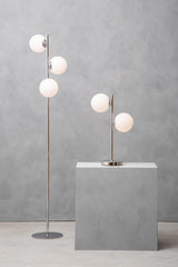 Orsina modern Floor Lamp with three spherical shades and sleek chrome base for contemporary decor