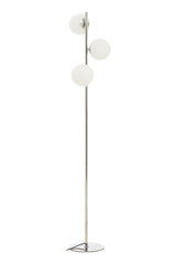 Orsina Floor Lamp with three round white glass shades on a sleek chrome base