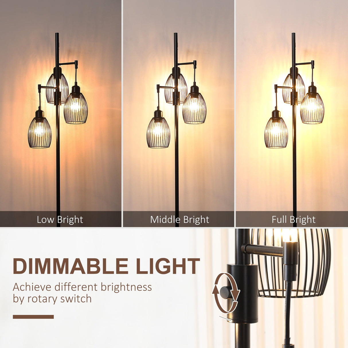 Wise Galleria Floor Lamp with three adjustable lights and rotary switch for varying brightness