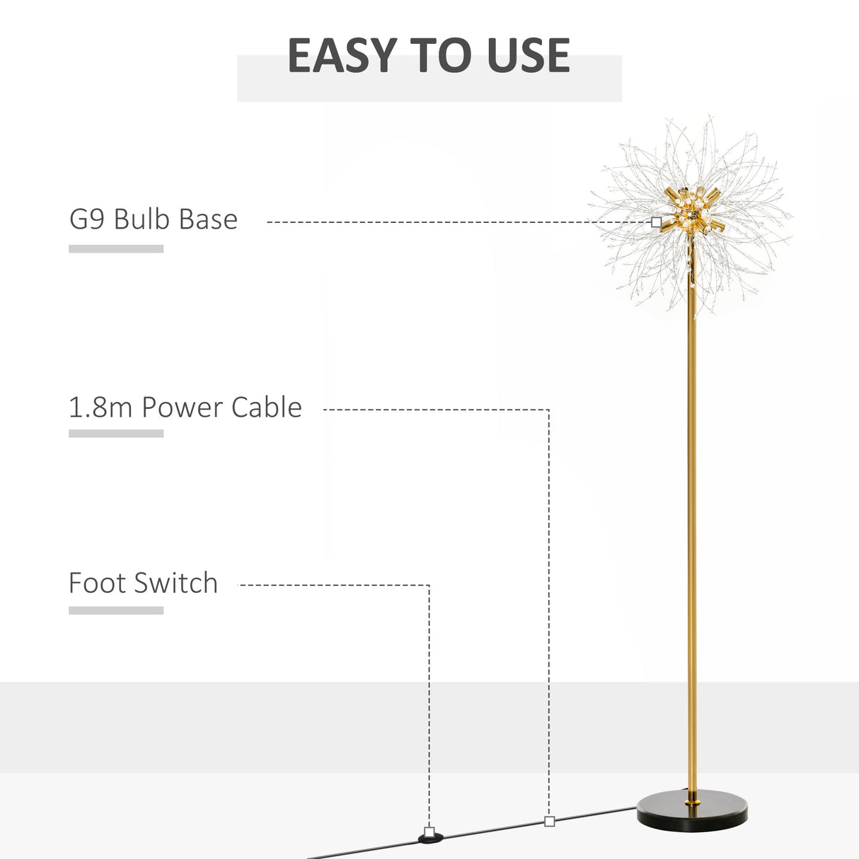 Elegant Wise Galleria Floor Lamp with G9 bulb base and foot switch for easy operation