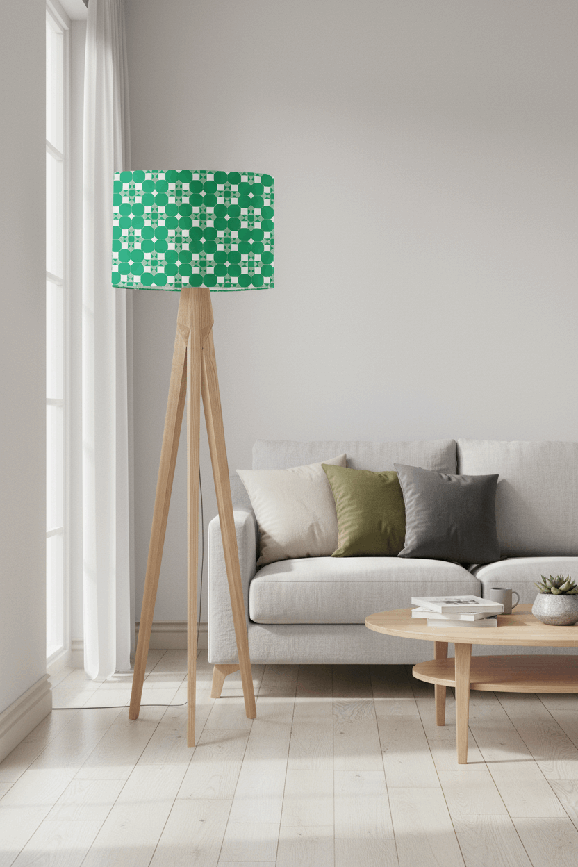 Shadow Bright green geometric lampshade on a wooden tripod lamp in a modern living room