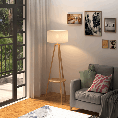 HOMCOM Modern Wooden Tripod Floor Lamp with Shelf HOMCOM