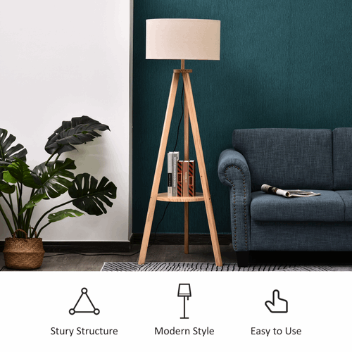 HOMCOM Modern Wooden Tripod Floor Lamp with Shelf HOMCOM