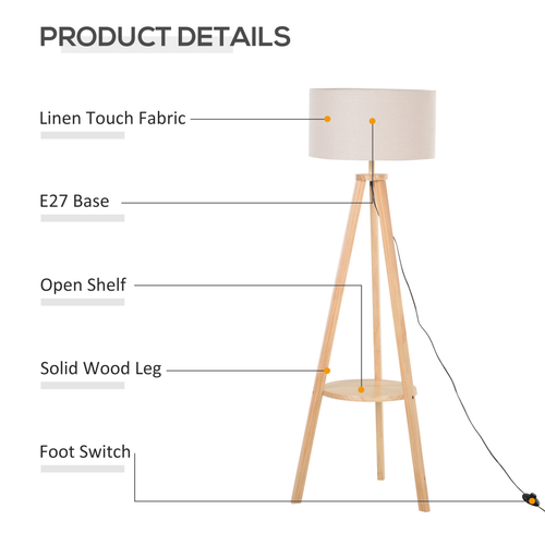 HOMCOM Modern Wooden Tripod Floor Lamp with Shelf HOMCOM