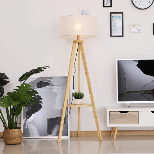 HOMCOM Modern Wooden Tripod Floor Lamp with Shelf HOMCOM