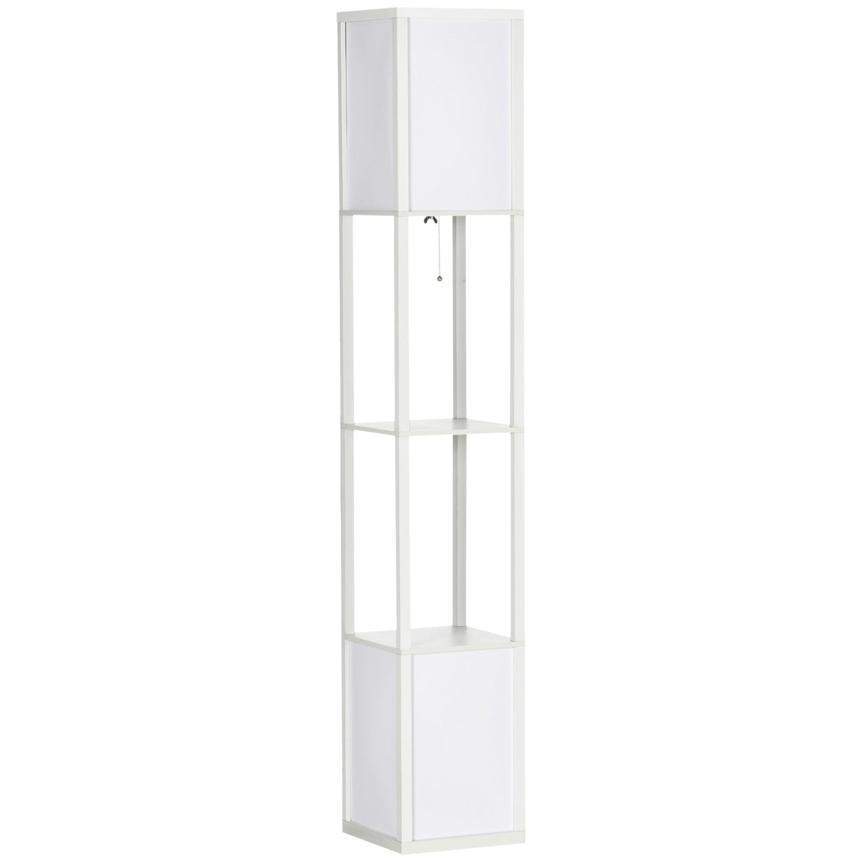 Stylish white floor lamp with bookshelf shelves for modern living spaces