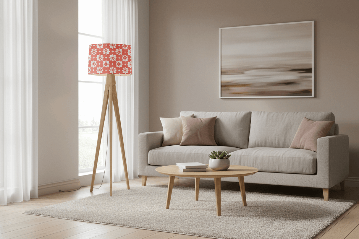 Shadow Bright lampshade in floral design on a stylish floor lamp beside a grey sofa