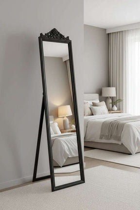 Orsina Elegant Floor Mirror with a Decorative Black Frame, Ideal for Bedroom Decor