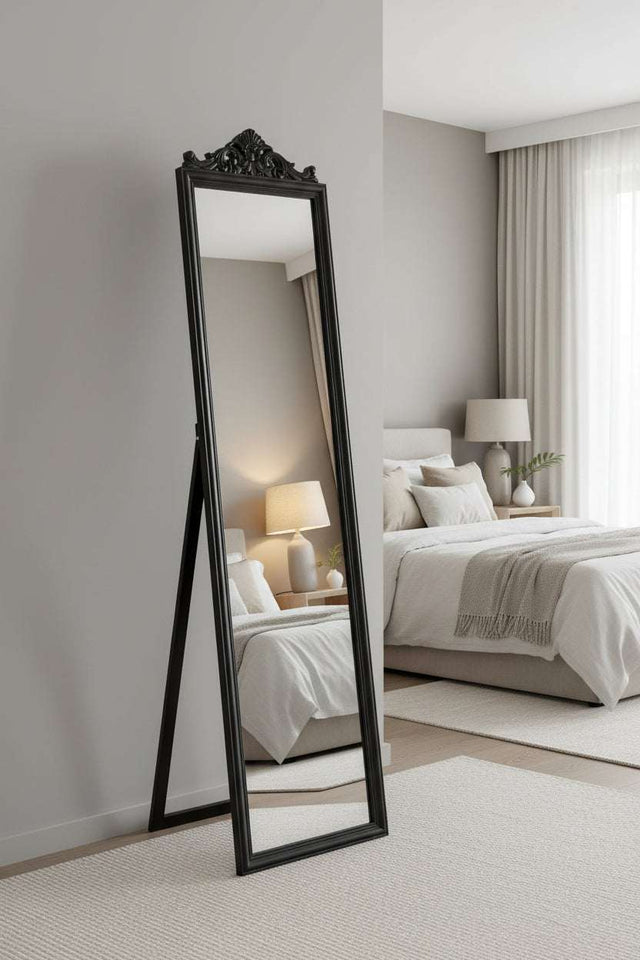 Orsina Elegant Floor Mirror with a Decorative Black Frame, Ideal for Bedroom Decor